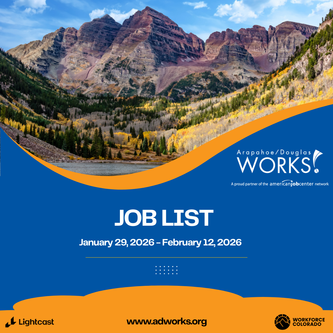 Mountain landscape with autumn foliage under a blue sky. Foreground features text: "Job List, January 29, 2026 - February 12, 2026." Logos at bottom.