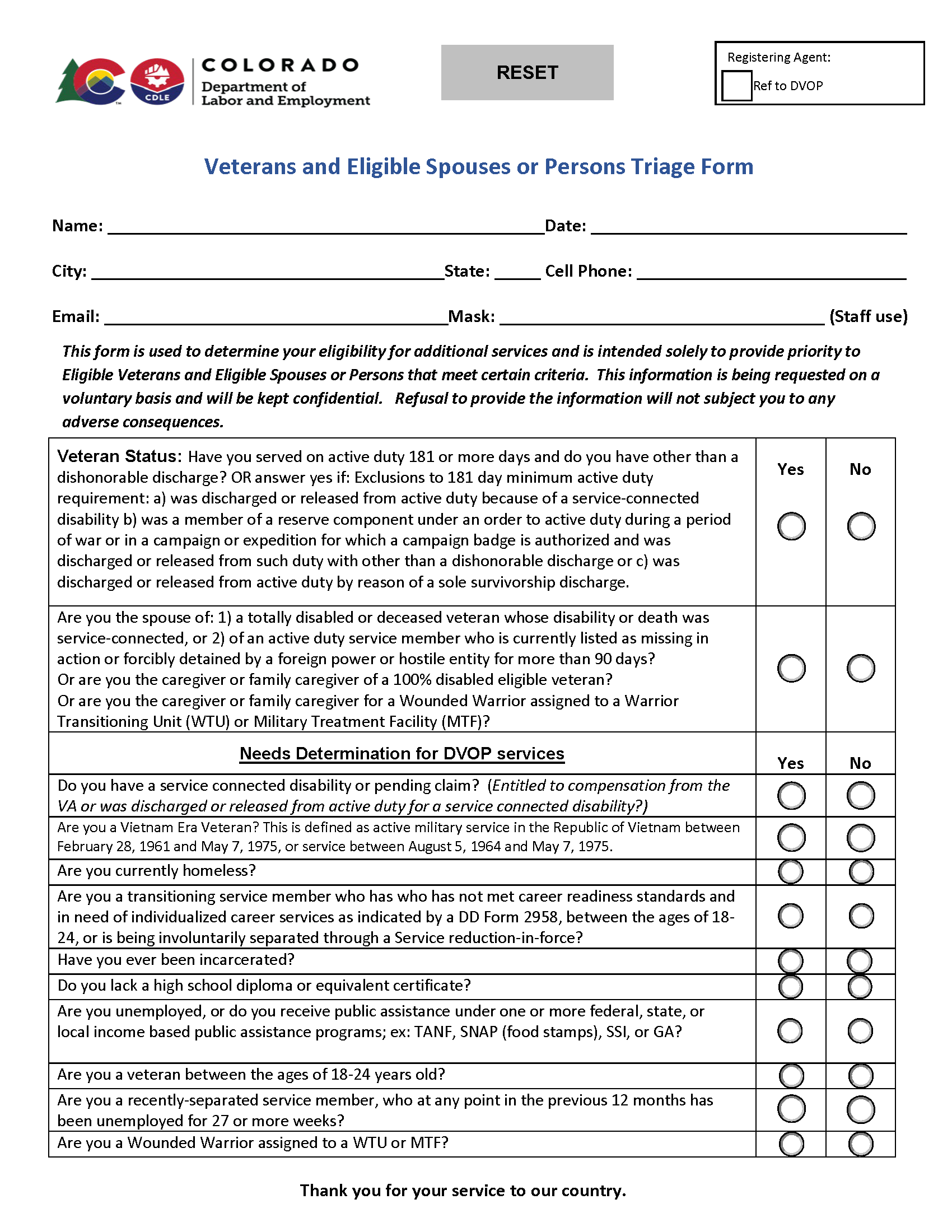 Veterans and Eligible Persons Triage Form