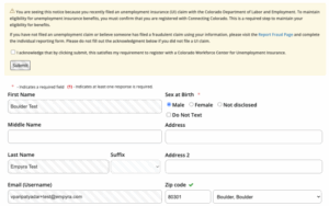 Captura de pantalla de lo que verá un solicitante de UI en su página de inicio una vez que haya iniciado sesión en Connecting Colorado.