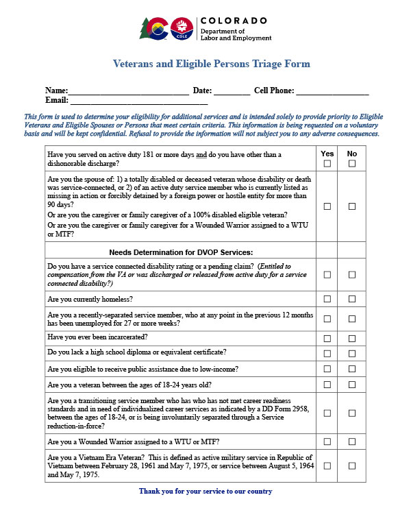 Veterans and Eligible Persons Triage Form cover